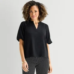 Liz Claiborne Womens Split Crew Neck Short Sleeve Satin Blouse