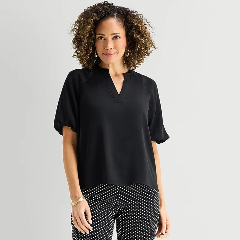 Liz Claiborne Womens Split Crew Neck Short Sleeve Satin Blouse