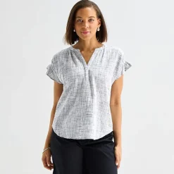 Liz Claiborne Womens Split Crew Neck Short Sleeve Blouse