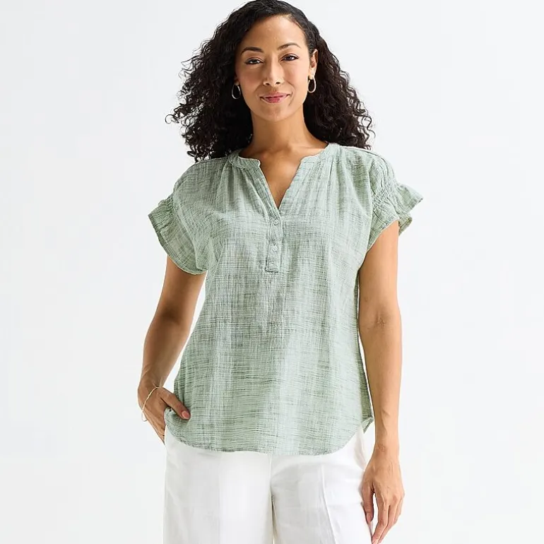Liz Claiborne Womens Split Crew Neck Short Sleeve Blouse