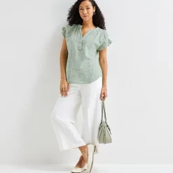 Liz Claiborne Womens Split Crew Neck Short Sleeve Blouse