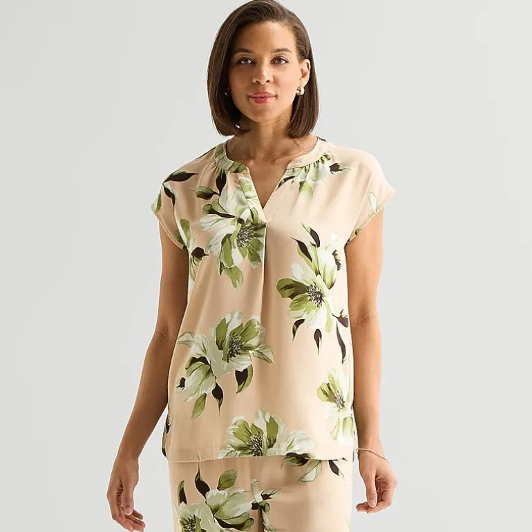 Liz Claiborne Womens Split Crew Neck Short Sleeve Satin Blouse