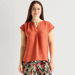 Liz Claiborne Womens Split Crew Neck Short Sleeve Satin Blouse