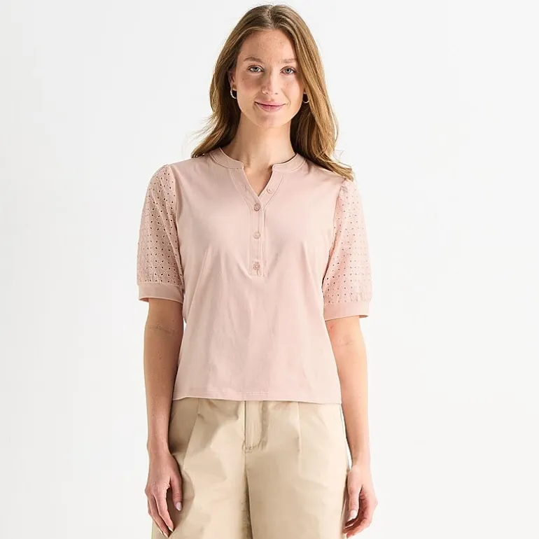 Liz Claiborne Womens Split Crew Neck Elbow Sleeve Blouse