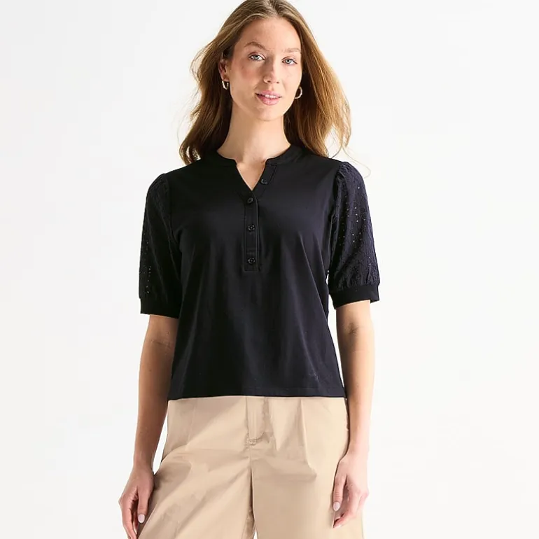 Liz Claiborne Womens Split Crew Neck Elbow Sleeve Blouse