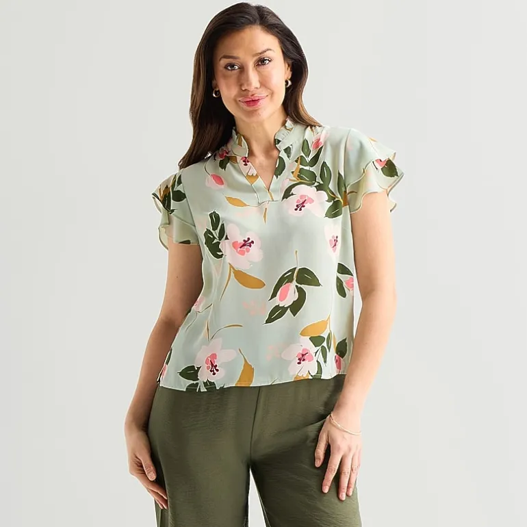 Liz Claiborne Womens Split Crew Neck Short Sleeve Blouse
