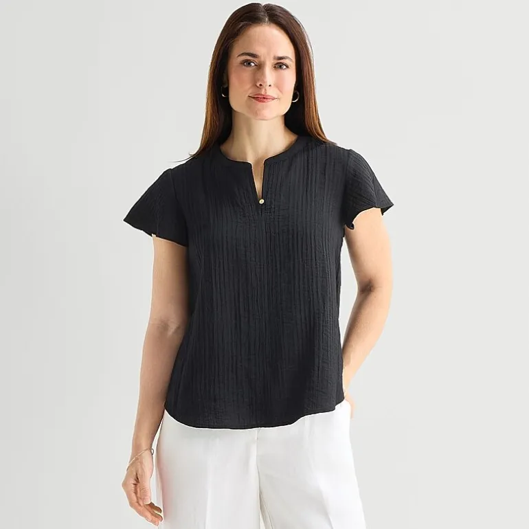 Liz Claiborne Womens Split Crew Neck Short Sleeve Blouse