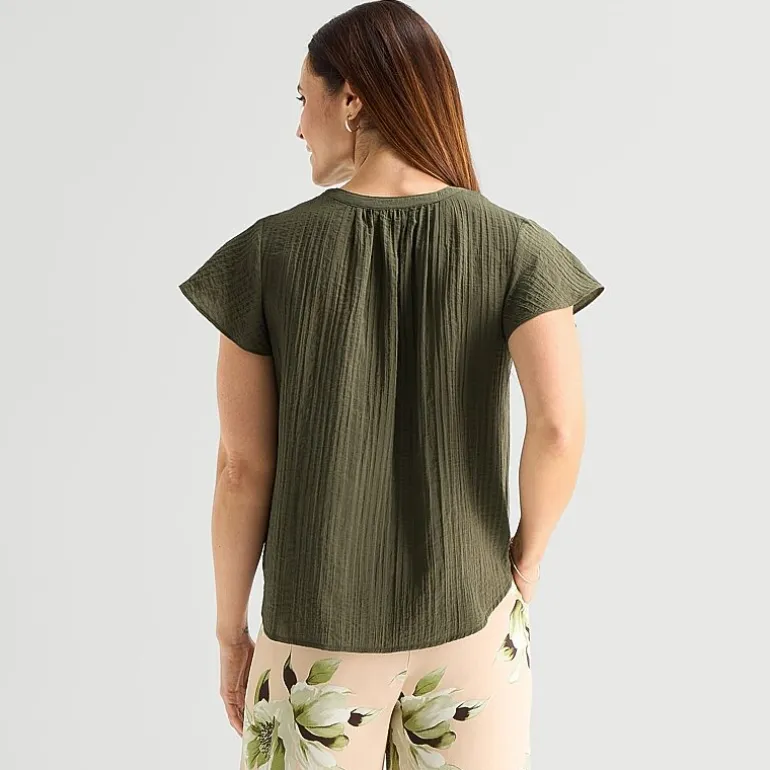 Liz Claiborne Womens Split Crew Neck Short Sleeve Blouse