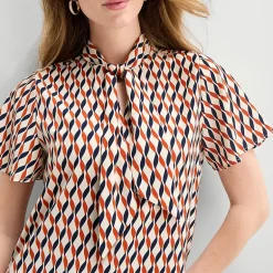 Liz Claiborne Womens Split Tie Neck Short Sleeve Blouse