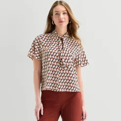 Liz Claiborne Womens Split Tie Neck Short Sleeve Blouse