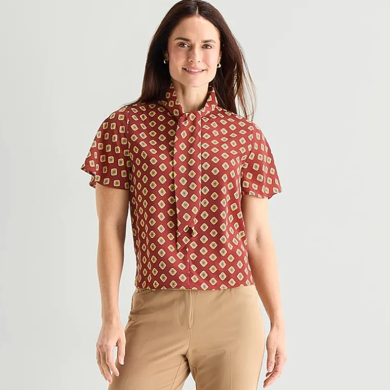 Liz Claiborne Womens Split Tie Neck Short Sleeve Blouse