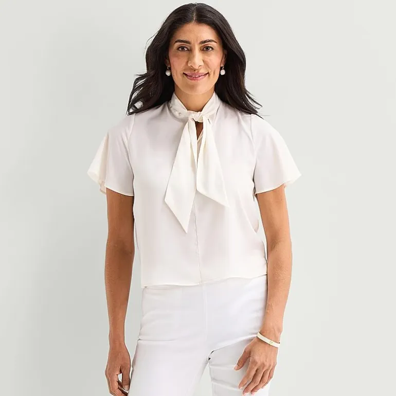 Liz Claiborne Womens Split Tie Neck Short Sleeve Blouse