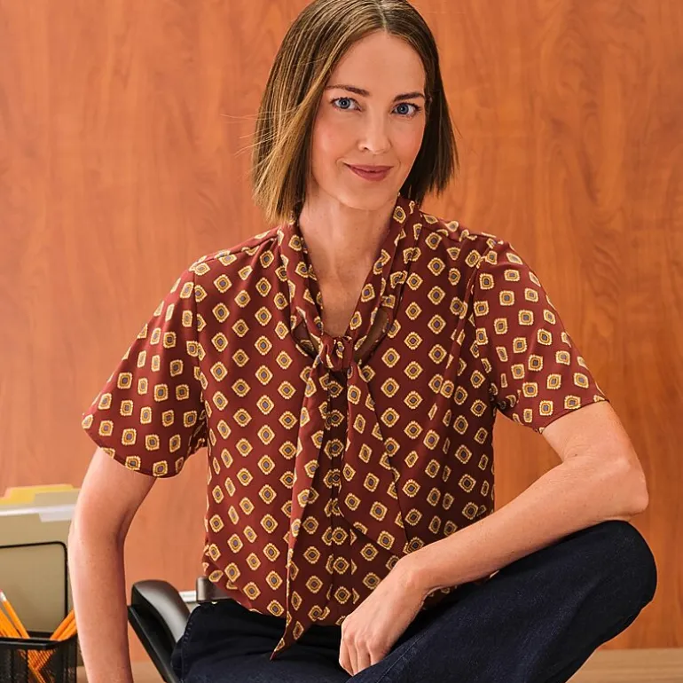 Liz Claiborne Womens Split Tie Neck Short Sleeve Blouse