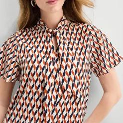 Liz Claiborne Womens Split Tie Neck Short Sleeve Blouse