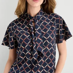 Liz Claiborne Womens Split Tie Neck Short Sleeve Blouse