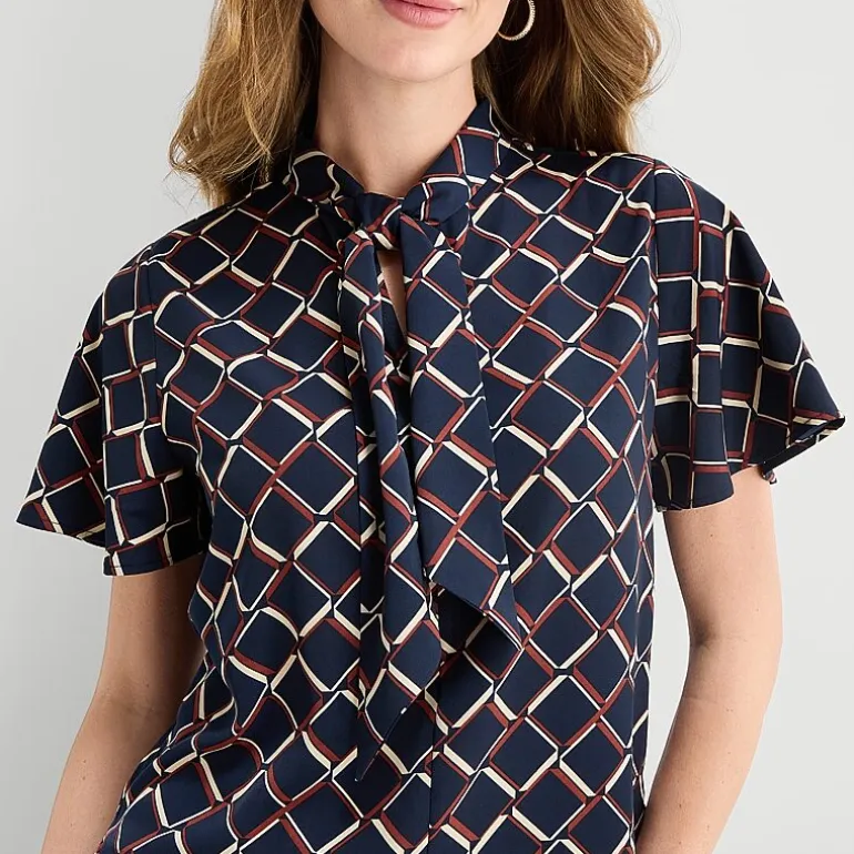 Liz Claiborne Womens Split Tie Neck Short Sleeve Blouse