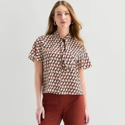 Liz Claiborne Womens Split Tie Neck Short Sleeve Blouse