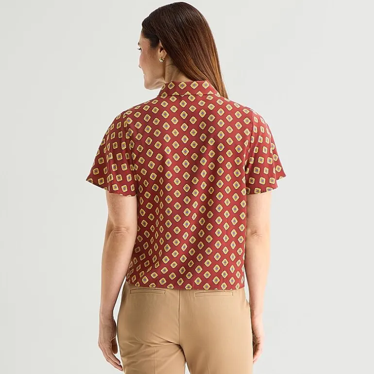 Liz Claiborne Womens Split Tie Neck Short Sleeve Blouse