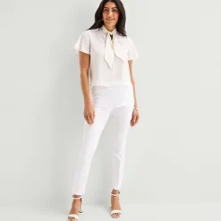 Liz Claiborne Womens Split Tie Neck Short Sleeve Blouse