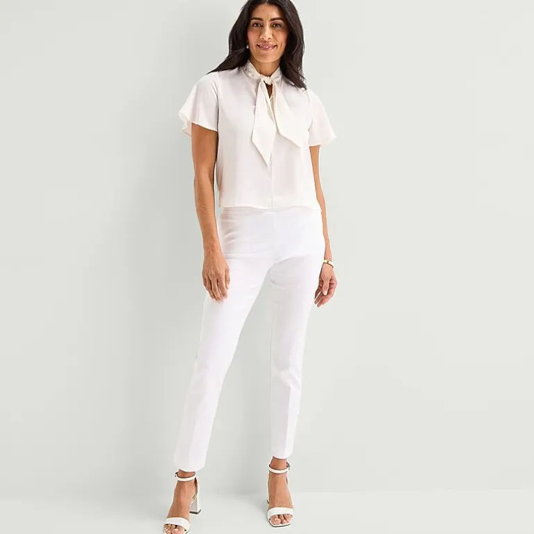 Liz Claiborne Womens Split Tie Neck Short Sleeve Blouse