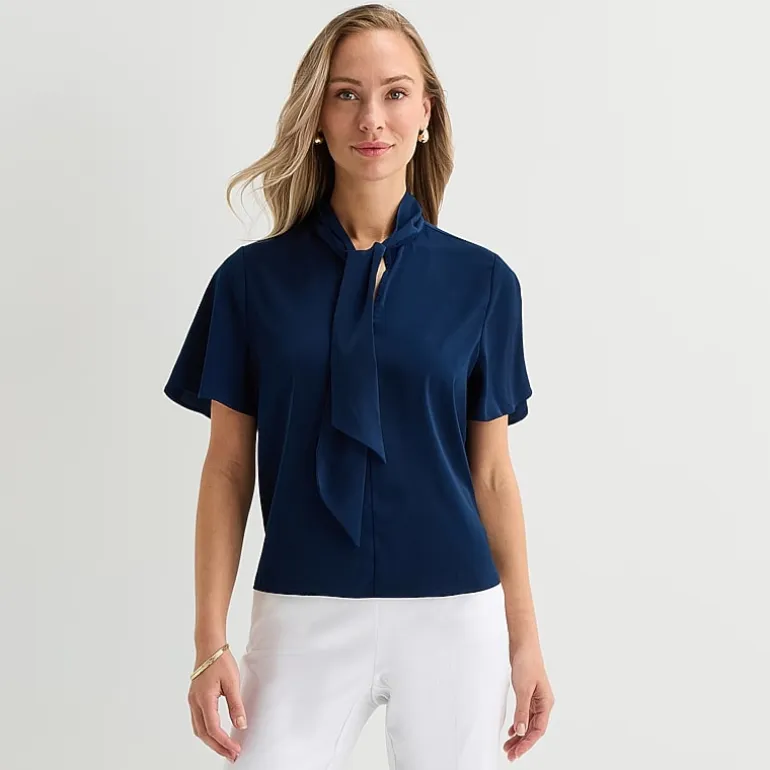 Liz Claiborne Womens Split Tie Neck Short Sleeve Blouse