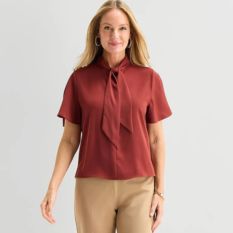 Liz Claiborne Womens Split Tie Neck Short Sleeve Blouse