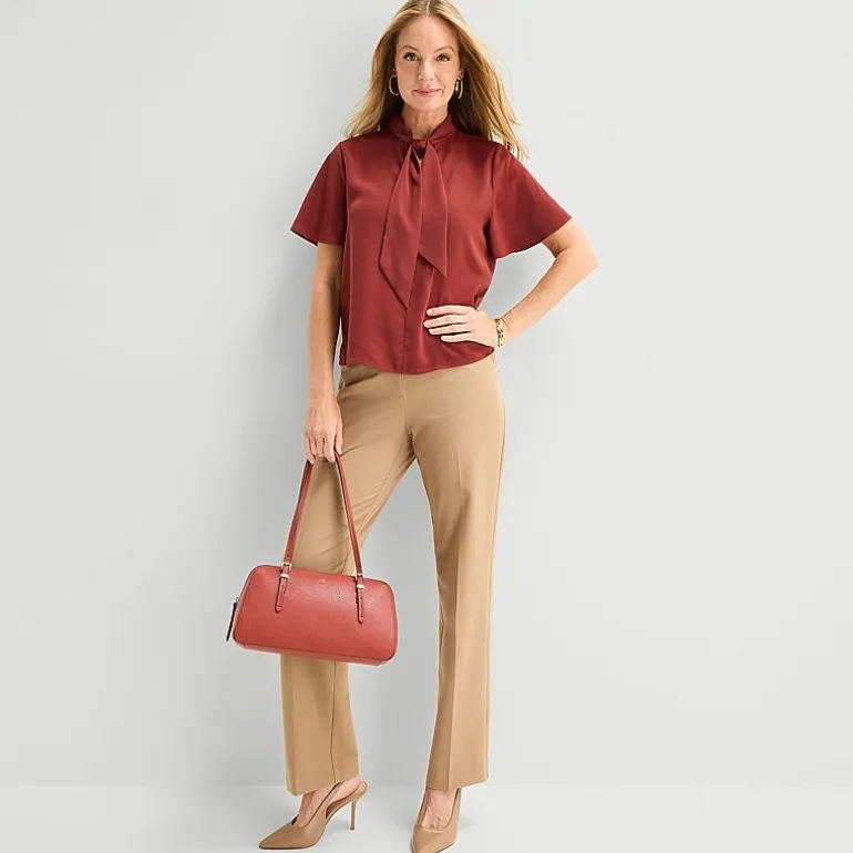 Liz Claiborne Womens Split Tie Neck Short Sleeve Blouse