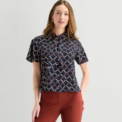 Liz Claiborne Womens Split Tie Neck Short Sleeve Blouse