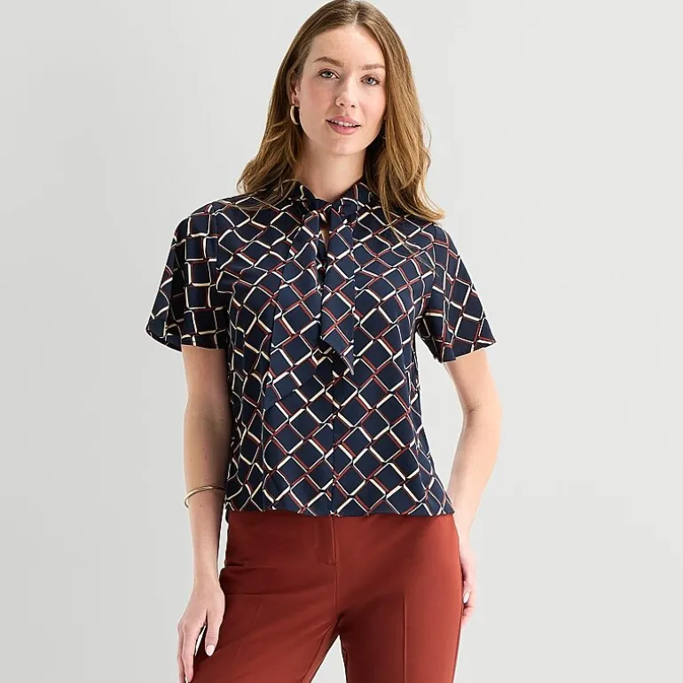Liz Claiborne Womens Split Tie Neck Short Sleeve Blouse