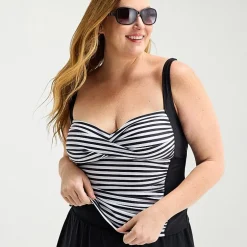 Liz Claiborne Womens Striped Plus Tankini Swimsuit Top