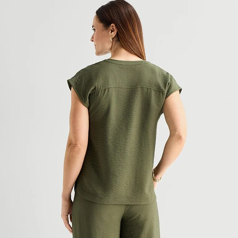 Liz Claiborne Womens Tall Split Crew Neck Short Sleeve Satin Blouse