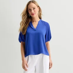 Liz Claiborne Womens Tall Split Crew Neck Short Sleeve Satin Blouse