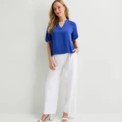 Liz Claiborne Womens Tall Split Crew Neck Short Sleeve Satin Blouse