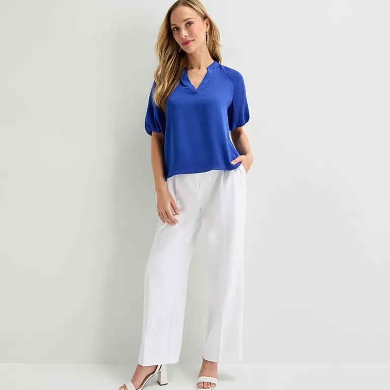 Liz Claiborne Womens Tall Split Crew Neck Short Sleeve Satin Blouse