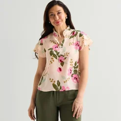 Liz Claiborne Womens Tall Split Crew Neck Short Sleeve Blouse