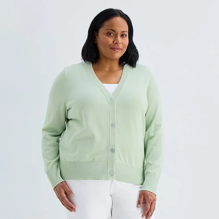 Liz Claiborne Womens V Neck Long Sleeve Button Plus Cardigan