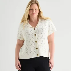 Liz Claiborne Womens V Neck Short Sleeve Button Plus Cardigan