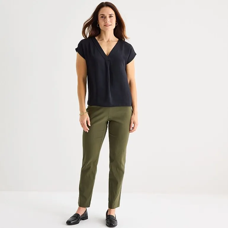 Liz Claiborne Womens V Neck Short Sleeve Satin Blouse