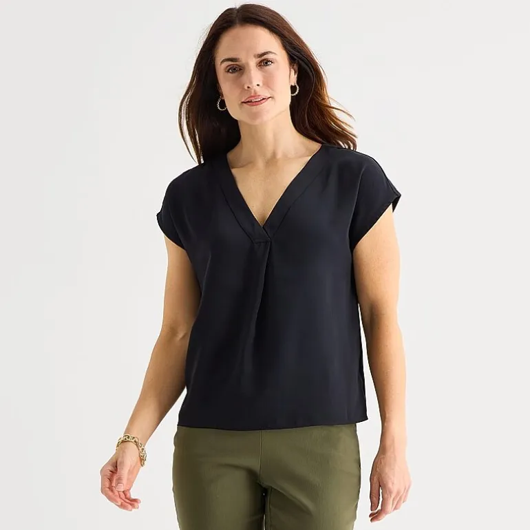 Liz Claiborne Womens V Neck Short Sleeve Satin Blouse