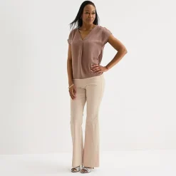 Liz Claiborne Womens V Neck Short Sleeve Satin Blouse