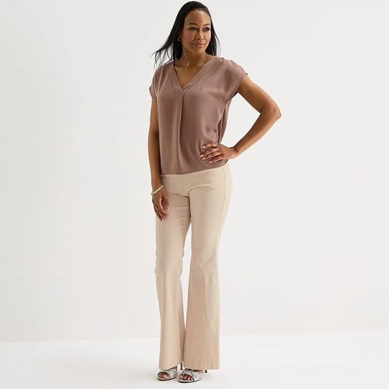 Liz Claiborne Womens V Neck Short Sleeve Satin Blouse