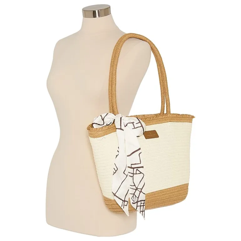 London Fog Top Ruffel Straw Tote Bag