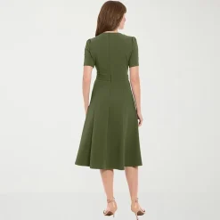 London Times Womens Midi Round Neck Short Sleeve Fitted Fit + Flare Dress