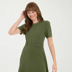London Times Womens Midi Round Neck Short Sleeve Fitted Fit + Flare Dress