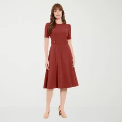 London Times Womens Midi Round Neck Short Sleeve Fitted Fit + Flare Dress