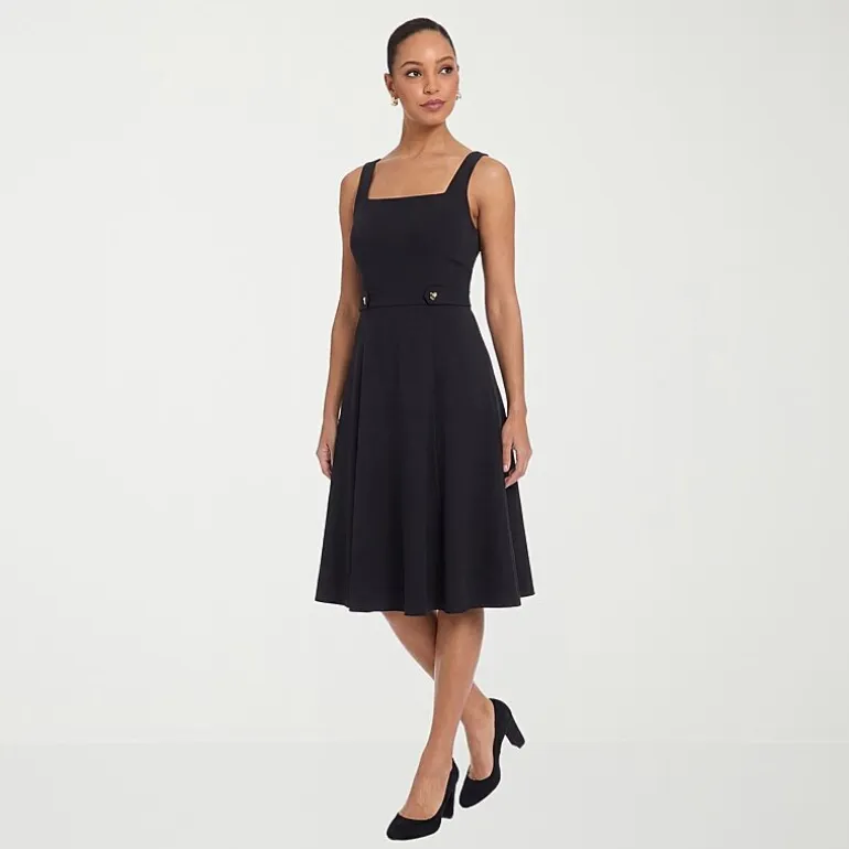 London Times Womens Petite Midi Square Neck Sleeveless Fit + Flare Dress