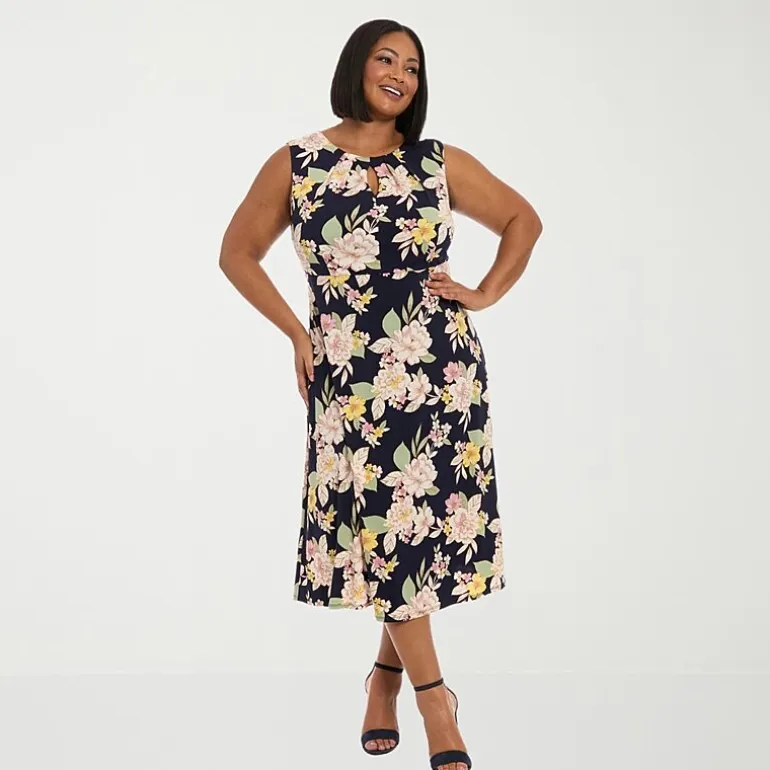 London Times Womens Plus Midi Round Neck Sleeveless Floral Fit + Flare Dress