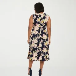 London Times Womens Plus Midi Round Neck Sleeveless Floral Fit + Flare Dress