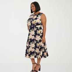 London Times Womens Plus Midi Round Neck Sleeveless Floral Fit + Flare Dress