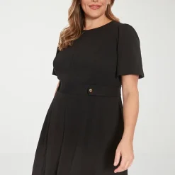 London Times Womens Plus Round Neck Short Sleeve Puffed Fit + Flare Dress
